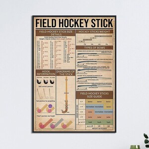 Könnte beinhalten: Ein braunes und beigefarbenes Infografik-Poster mit dem Titel "Field Hockey Stick" und Details zu Feldhockey-Stockgröße, Gewicht und Arten von Bögen. Das Poster enthält auch Diagramme des Stocks und eine Größentabelle für Feldhockey-Stöcke.