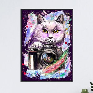 Cat Photographer Painting Wall Art, Cat Holding Camera Print, Camera And Photography Lover, Photographer Lover, Cameraman Lovers Gift