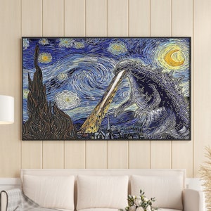 Starry Night With Godzilla Framed Canvas, Unframed Poster