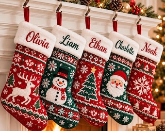 Custom Ugly Sweater Xmas Stocking, Fair Isle Knit Pattern Family Christmas Stockings, Christmas Gift