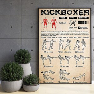 May include: A vintage-style poster with a brown background and black text that reads "Kickboxer". The poster outlines a kickboxing workout routine with illustrations of a person performing different exercises, including punches, kicks, and sit-ups. The poster includes the number of sets and reps for each exercise, as well as the rest time between sets.