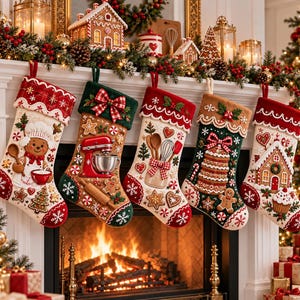 May include: Five Christmas stockings hanging in a row, each featuring festive holiday designs including a gingerbread baker, a red stand mixer, kitchen utensils, a stack of cookies, and a gingerbread house, all with red, green, and white accents.