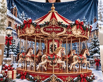 Personalized Christmas Carousel Blanket, Custom Merry Go Round Horse Name Fleece Blanket, Winter Wonderland Christmas Gift