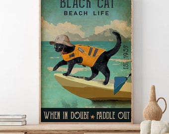 Lámina artística de gato negro en kayak, póster de vida playera, decoración de pared divertida de gato remando, regalo para amantes de la playa y del kayak.