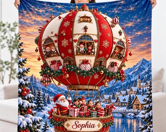 Personalized Christmas Balloon Blanket, Custom Santa Hot Air Balloon Blanket, Magical Winter Wonderland Blanket, Christmas Gift for Kids