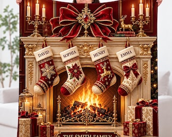 Personalized Christmas Fireplace Stockings Fleece Blanket, Custom Family Name Blanket, Luxury Holiday Gift for Family