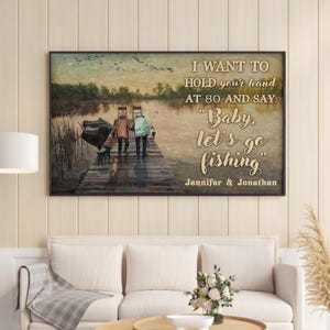 Personalized Old Couple Fishing Unframed Poster, Hold Your Hand at 80 Wall Art, Anniversary Gift for Husband, Romantic Fishing Couple