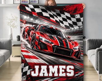 Personalized Racing Car Blanket, Custom Red Sports Car Racing Fleece Blanket, Checkered Flag Blanket, Gift for Car Lovers