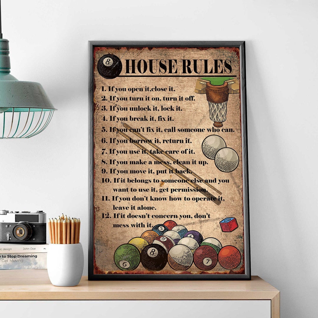 8 House Rules Print, Billiard Table Facts Poster, Game Room Wall