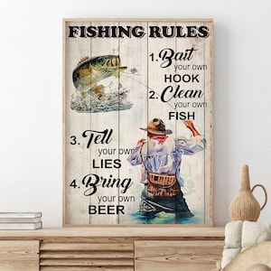 Fisherman Vintage Wall Art, Fishing Rules  Unframed Poster, Gift for Dad Grandpa Husband, Fisherman Cabin Lodge Print