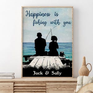 Personalized Couple Fishing Unframed Poster, Happiness is Fishing With You Wall Art, Anniversary Gift for Husband, Romantic Fishing Couple