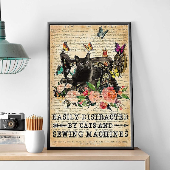 Black Cat Sewing Machines Art, Easily Distracted by Cats and