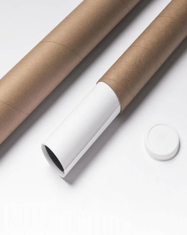 May include: Two brown cardboard mailing tubes with white paper inserts. One tube is partially unrolled, revealing the white paper inside. A white plastic end cap is also visible.