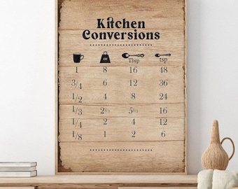 Affiche avec tableau des conversions de cuisine, art mural guide des mesures de cuisine, impression de référence de pâtisserie rustique, cadeau de chef de référence de pâtisserie, décoration d'intérieur