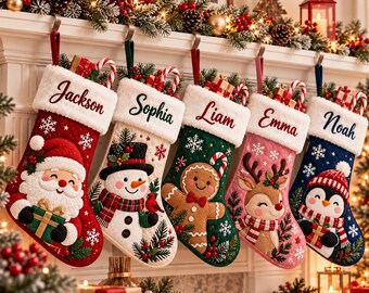 Personalised Christmas Character Stocking, Custom Santa Snowman Gingerbread Reindeer Xmas Stocking, Family Christmas Stockings, Holiday Gift