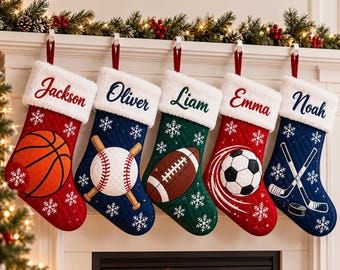 Personalised Christmas Sports Stocking with Name, Family Sports Christmas Stockings, Sports Lover Gift