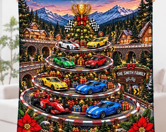 Personalized Race Car Christmas Tree Blanket, Custom Family Name Racing Fleece Blanket, Sports Car Holiday Gift for Family