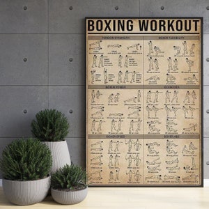 Peut inclure: Une affiche de style vintage avec une routine d'entra&icirc;nement de boxe. L'affiche pr&eacute;sente des illustrations de divers exercices, notamment des pompes, des squats, des coups de poing et des coups de pied. L'affiche est intitul&eacute;e "Boxing Workout" et comprend des sections pour la force des tendons, la flexibilit&eacute; du boxeur, la puissance du boxeur, le kickboxer, la vitesse du boxeur et les abdominaux du boxeur.