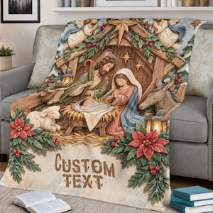 Personalisierte Krippendecke, individuelle Weihnachts-Fleecedecke, religiöse Weihnachtsdecke, Jesus-Geburtsdecke