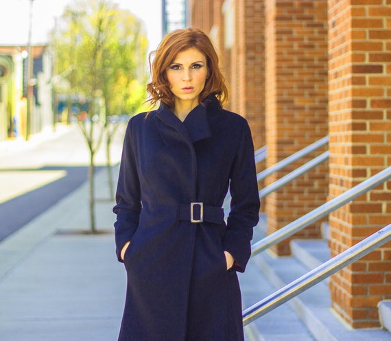 navy blue wool wrap coat