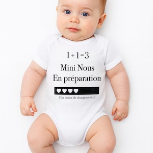 Baby bodysuit pregnancy announcement – “1+1=3 Mini Us in preparation” – Gift for future dad, family or friends