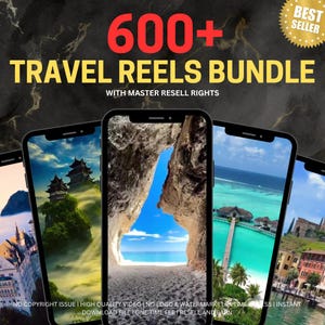 Puede incluir: Una colección de más de 600 carretes de viaje para redes sociales. La imagen muestra cuatro vistas previas de video diferentes en pantallas de teléfonos móviles. Las vistas previas incluyen una cordillera con un templo, una cueva que se abre a una playa, una isla tropical con un muelle y una ciudad europea con un castillo.