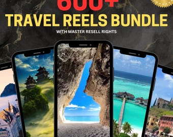 May include: A collection of 600+ travel reels for social media. The image shows four different video previews on mobile phone screens. The previews include a mountain range with a temple, a cave opening to a beach, a tropical island with a pier, and a European city with a castle.
