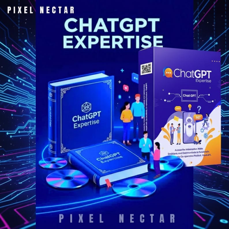 Puede incluir: Gr&aacute;fico digital con el texto "CHATGPT EXPERTISE" y "PIXEL NECTAR". La imagen presenta un libro, una caja y CD, todos con el logotipo "ChatGPT Expertise". Un grupo de personas est&aacute; ilustrado cerca de la caja.