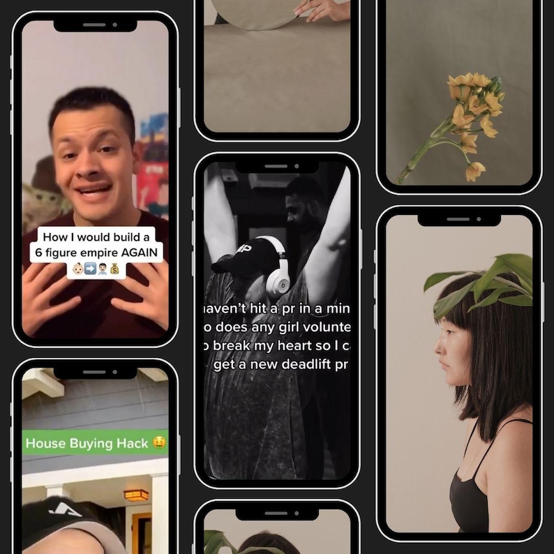 May include: A collage of six different smartphone screens showing various videos. The first screen shows a man talking about building a six-figure empire. The second screen shows a person lifting weights. The third screen shows a close-up of a plant. The fourth screen shows a woman with a plant crown on her head. The fifth screen shows a house with a caption that says "House Buying Hack". The sixth screen shows a person talking about hitting a personal record in weightlifting.