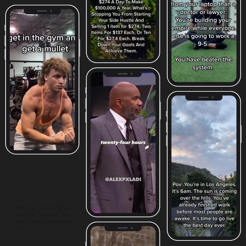May include: Three different phone screens with motivational quotes and images. The first screen shows a man in a gym with the text "get in the gym and get a mullet". The second screen shows a man in a suit with the text "twenty-four hours" and "@ALEXPXLADI". The third screen shows a cloudy sky with the text "Pov: You're in Los Angeles. It's 6am. The sun is coming over the hills. You've already finished work before most people are awake. It's time to go live the best day ever."