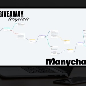 May include: A computer screen displaying a flowchart with the text "GIVEAWAY template" and the word "Manychat" at the bottom. The flowchart shows a series of steps for a giveaway contest.