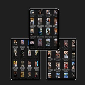 May include: Multiple screenshots of a mobile phone displaying a grid of short videos. Each video features a person speaking about business growth and includes the text "Business Growth Reels Bundle by High Point Digital".