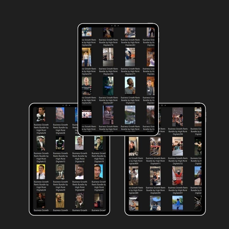 May include: Multiple screenshots of a mobile phone displaying a grid of short videos. Each video features a person speaking about business growth and includes the text "Business Growth Reels Bundle by High Point Digital".