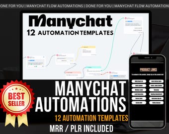 Modèles d'automatisation ManyChat, flux de chatbot DFY pour les entreprises, scripts de bot Messenger, offre groupée d'automatisation du marketing, DPP, MRR