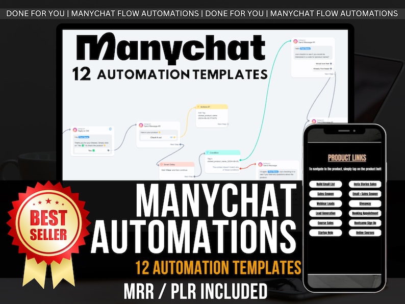 May include: A computer screen showing a flowchart with the text "Manychat 12 Automation Templates". A red star with the text "Best Seller" is in the bottom left corner. A smartphone is in the bottom right corner displaying a list of product links.