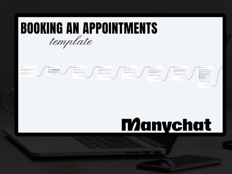 May include: A screenshot of a laptop screen displaying a flowchart for booking appointments using Manychat. The flowchart illustrates a series of steps, including sending a welcome message, requesting the customer's name, and scheduling an appointment.