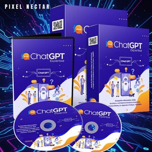 Puede incluir: Un paquete de productos con el texto "ChatGPT Expertise" sobre un fondo azul. El paquete incluye una caja de DVD, dos CD y dos cajas. El dise&ntilde;o presenta ilustraciones de personas interactuando con un chatbot y el texto "Chat GPT".