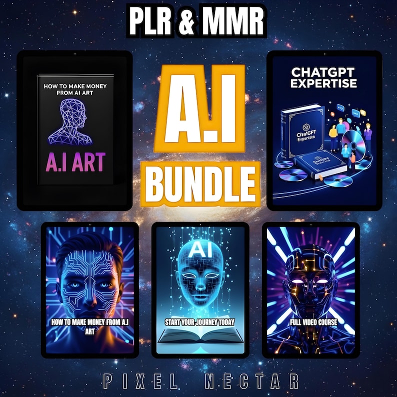Puede incluir: Una imagen que promociona un paquete de arte digital con el texto "PLR & MMR" y "A.I BUNDLE". Varias tabletas muestran contenido sobre arte de IA, incluyendo "How to Make Money From AI Art" y "ChatGPT Expertise". La parte inferior de la imagen dice "PIXEL NECTAR".