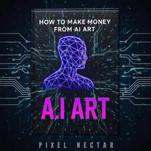 Puede incluir: Portada de libro con el t&iacute;tulo "How to Make Money From AI Art". La portada presenta una cabeza humana de alambre azul y las palabras "A.I. ART" en rosa. El nombre del autor, "Pixel Nectar", est&aacute; en la parte inferior.