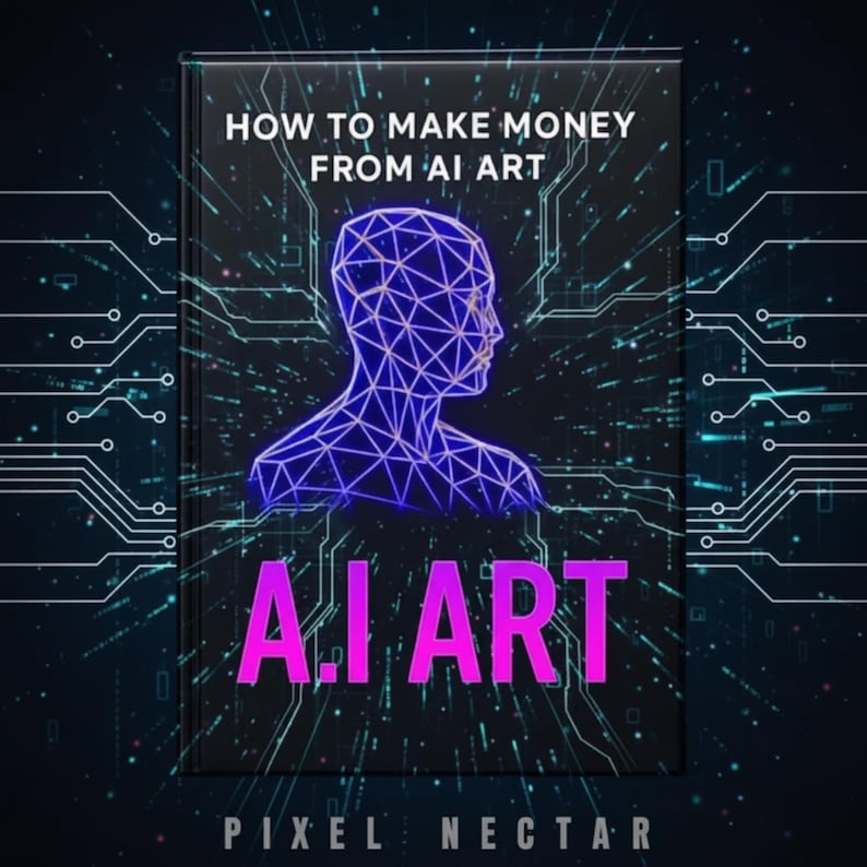 Puede incluir: Portada de libro con el t&iacute;tulo "How to Make Money From AI Art". La portada presenta una cabeza humana de alambre azul y las palabras "A.I. ART" en rosa. El nombre del autor, "Pixel Nectar", est&aacute; en la parte inferior.