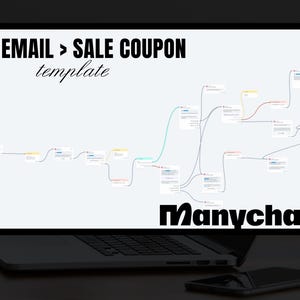 May include: A laptop screen displaying a flowchart with the text "EMAIL > SALE COUPON template" and the logo "Manychat".