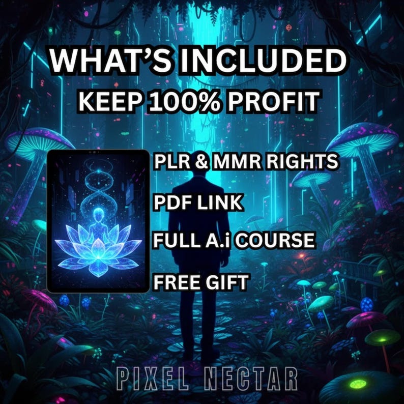 Puede incluir: Imagen digital promocionando un curso con el texto "WHAT'S INCLUDED KEEP 100% PROFIT". La imagen muestra a una persona en un bosque surrealista con hongos brillantes y una tableta que muestra una flor de loto.