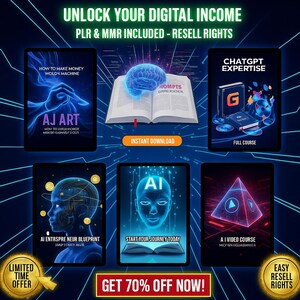 Puede incluir: Gr&aacute;fico de marketing digital con el texto "UNLOCK YOUR DIGITAL INCOME" y "GET 70% OFF NOW!". La imagen presenta tabletas que muestran portadas de cursos digitales, incluyendo "AJ ART" y "CHATGPT EXPERTISE". El tema se centra en negocios en l&iacute;nea y productos digitales.