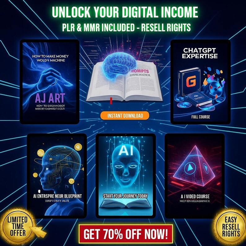 Puede incluir: Gr&aacute;fico de marketing digital con el texto "UNLOCK YOUR DIGITAL INCOME" y "GET 70% OFF NOW!". La imagen presenta tabletas que muestran portadas de cursos digitales, incluyendo "AJ ART" y "CHATGPT EXPERTISE". El tema se centra en negocios en l&iacute;nea y productos digitales.