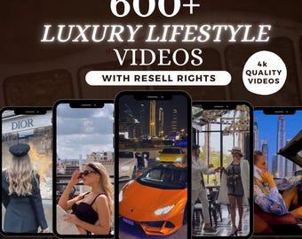 Puede incluir: Un collage de imágenes que muestran un estilo de vida de lujo. Las imágenes incluyen una mujer con un atuendo negro, un automóvil de lujo, una pareja en un restaurante y una mujer en un automóvil. El texto "600+ LUXURY LIFESTYLE VIDEOS WITH RESELL RIGHTS" se muestra en la parte superior del collage. El texto "4k QUALITY VIDEOS" se muestra en un cuadro rojo en la parte superior derecha del collage. El texto "SHOP NOW" se muestra en la parte inferior derecha del collage.