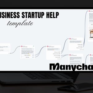 May include: A laptop screen displaying a flowchart for a business startup help template using Manychat. The flowchart shows a series of automated messages with options for the user to choose from.