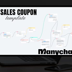 May include: A laptop screen displaying a flowchart with the text "SALES COUPON template" and the word "Manychat" at the bottom. The flowchart shows a series of steps for a sales coupon campaign.
