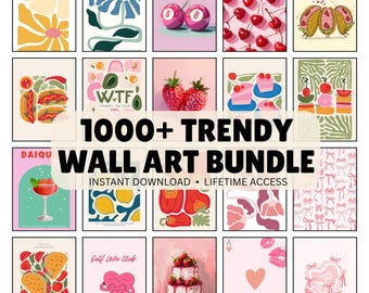 May include: A collection of colorful wall art prints featuring various designs. The prints include images of flowers, cherries, tacos, strawberries, cakes, and cocktails. Text on the prints includes "Time for TACOS", "WTF", and "1000+ TRENDY WALL ART BUNDLE".