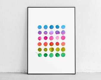 Könnte beinhalten: Ein gerahmter Druck mit einem farbenfrohen abstrakten Design aus Aquarellkreisen in Blautönen, Lila, Rosa, Orange, Gelb und Grün.