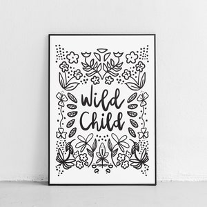 Wild niño ilustración arte imprimible, bebé ducha regalo, descarga digital, cartas de mano, decoración de la habitación de los niños, arte de la pared de la guardería Boho, regalo del bebé
